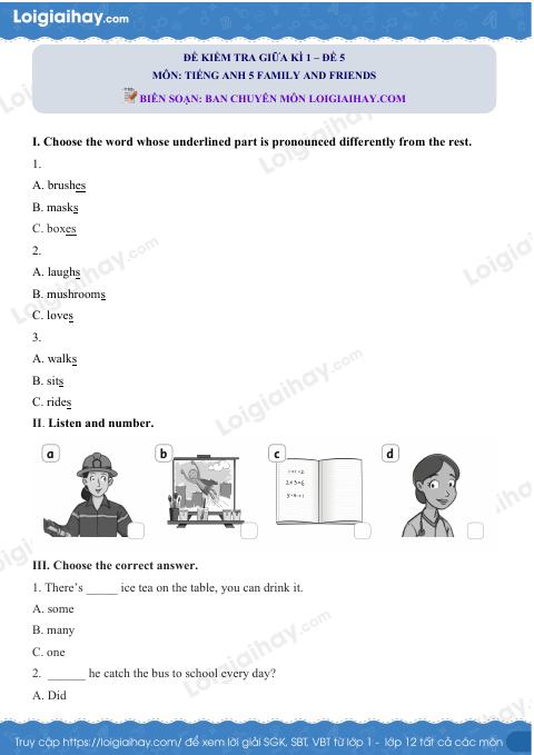 Đề thi giữa kì 1 Tiếng Anh 5 Family and Friends - Đề số 5